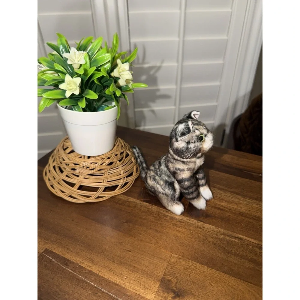 Folkmanis Mini Tabby Cat Finger Puppet, Gray; Black; White Plush Stuffed Animal